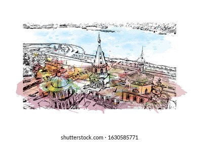 Building view with landmark of rkutsk and Ulan-Ude is the administrative center of Irkutsk Oblast, Russia. Watercolor splash with Hand drawn sketch illustration in vector.