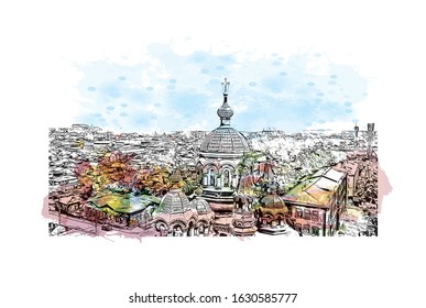 Building view with landmark of rkutsk and Ulan-Ude is the administrative center of Irkutsk Oblast, Russia. Watercolor splash with Hand drawn sketch illustration in vector.