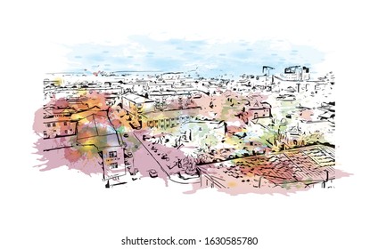 Building view with landmark of rkutsk and Ulan-Ude is the administrative center of Irkutsk Oblast, Russia. Watercolor splash with Hand drawn sketch illustration in vector.