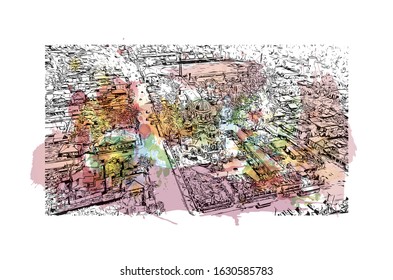 Building view with landmark of rkutsk and Ulan-Ude is the administrative center of Irkutsk Oblast, Russia. Watercolor splash with Hand drawn sketch illustration in vector.