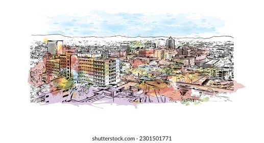 Building view with landmark of Roanoke is an independent city in the Virginia. Watercolor splash with hand drawn sketch illustration in vector.