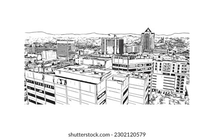 Building view with landmark of Roanoke is an independent city in the Virginia. Hand drawn sketch illustration in vector.