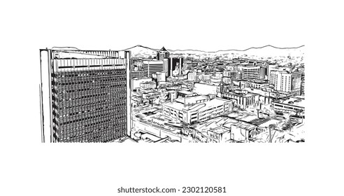 Building view with landmark of Roanoke is an independent city in the Virginia. Hand drawn sketch illustration in vector.