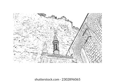 Building view with landmark of  Rocamadour is the commune in France. Hand drawn sketch illustration in vector.