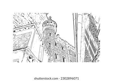 Building view with landmark of  Rocamadour is the commune in France. Hand drawn sketch illustration in vector.