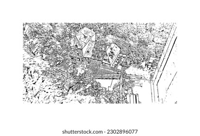 Building view with landmark of  Rocamadour is the commune in France. Hand drawn sketch illustration in vector.