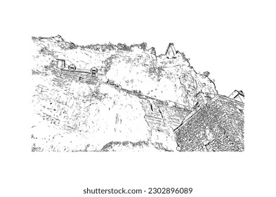 Building view with landmark of  Rocamadour is the commune in France. Hand drawn sketch illustration in vector.