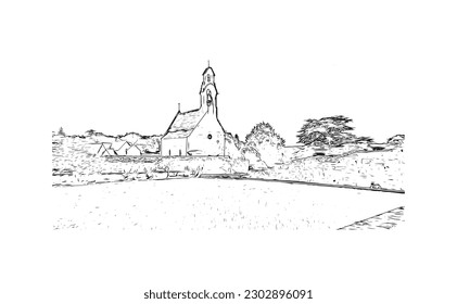 Building view with landmark of  Rocamadour is the commune in France. Hand drawn sketch illustration in vector.