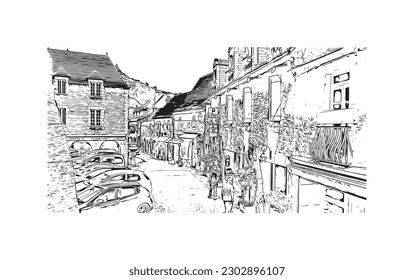 Building view with landmark of  Rocamadour is the commune in France. Hand drawn sketch illustration in vector.