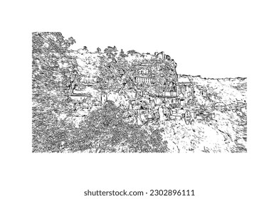 Building view with landmark of  Rocamadour is the commune in France. Hand drawn sketch illustration in vector.