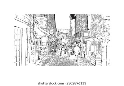 Building view with landmark of  Rocamadour is the commune in France. Hand drawn sketch illustration in vector.