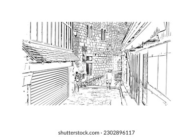 Building view with landmark of  Rocamadour is the commune in France. Hand drawn sketch illustration in vector.