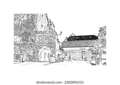 La comuna de Francia ofrece vistas al edificio con un punto de referencia de Rocamadour. Dibujo a mano de ilustración de esbozo en vector.