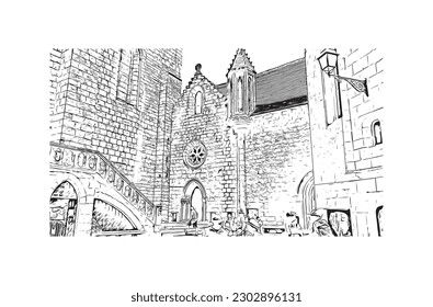 La comuna de Francia ofrece vistas al edificio con un punto de referencia de Rocamadour. Dibujo a mano de ilustración de esbozo en vector.