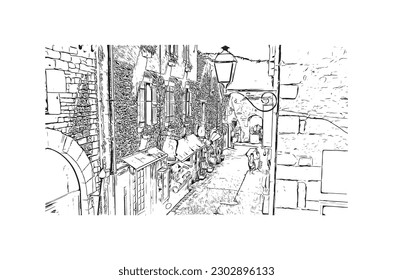 Building view with landmark of  Rocamadour is the commune in France. Hand drawn sketch illustration in vector.