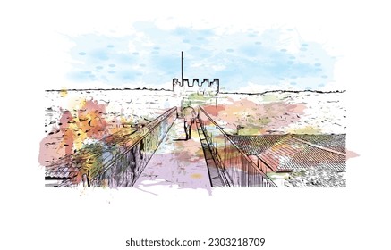 Bausicht mit Wahrzeichen von Rocamadour ist die Gemeinde in Frankreich. Aquarellspritzer mit handgezeichneter Skizzengrafik in Vektorgrafik.