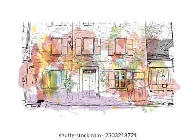 Building view with landmark of  Rocamadour is the commune in France. Watercolor splash with hand drawn sketch illustration in vector.