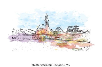 Building view with landmark of  Rocamadour is the commune in France. Watercolor splash with hand drawn sketch illustration in vector.