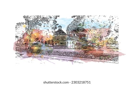 Building view with landmark of  Rocamadour is the commune in France. Watercolor splash with hand drawn sketch illustration in vector.