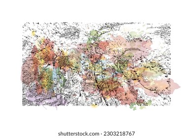 Building view with landmark of  Rocamadour is the commune in France. Watercolor splash with hand drawn sketch illustration in vector.