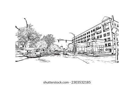 Building view with landmark of  Rochester is the city in New York State. Hand drawn sketch illustration in vector.