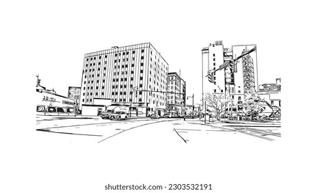 Building view with landmark of  Rochester is the city in New York State. Hand drawn sketch illustration in vector.