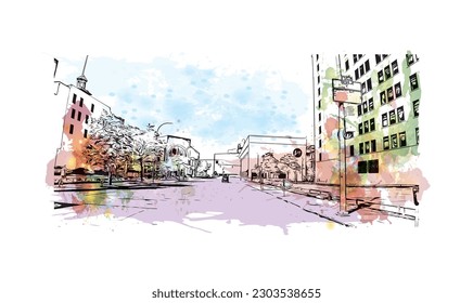 Building view with landmark of  Rochester is the city in New York State. Watercolor splash with hand drawn sketch illustration in vector.