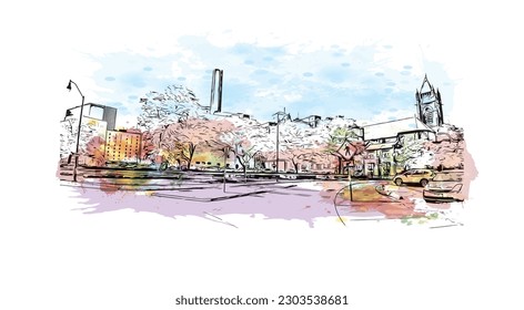 Building view with landmark of  Rochester is the city in New York State. Watercolor splash with hand drawn sketch illustration in vector.