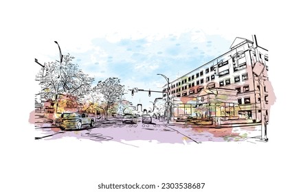 Building view with landmark of  Rochester is the city in New York State. Watercolor splash with hand drawn sketch illustration in vector.