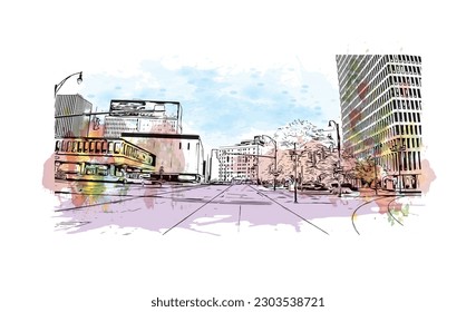 Building view with landmark of  Rochester is the city in New York State. Watercolor splash with hand drawn sketch illustration in vector.