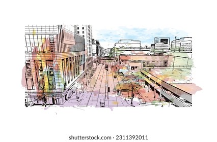 Building view with landmark of  Rochester is the city in Minnesota. Watercolor splash with hand drawn sketch illustration in vector.