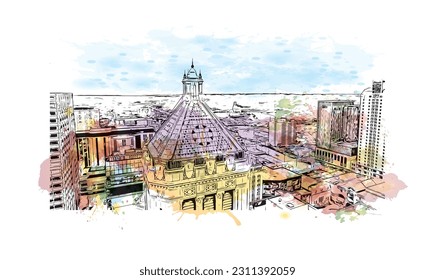 Building view with landmark of  Rochester is the city in Minnesota. Watercolor splash with hand drawn sketch illustration in vector.