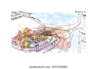 Building view with landmark of  Rochester is the city in Minnesota. Watercolor splash with hand drawn sketch illustration in vector.