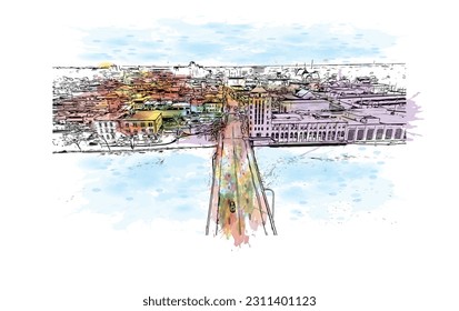Building view with landmark of Rockford is a city in northern Illinois. Watercolor splash with hand drawn sketch illustration in vector.