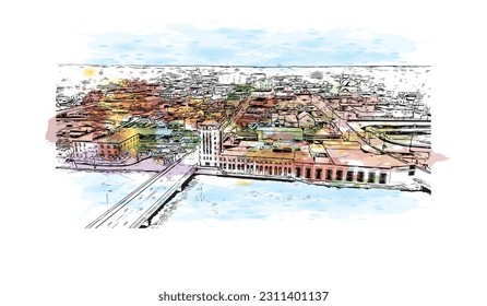 Building view with landmark of Rockford is a city in northern Illinois. Watercolor splash with hand drawn sketch illustration in vector.