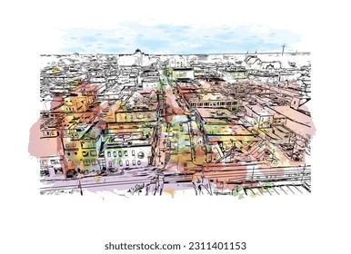 Building view with landmark of Rockford is a city in northern Illinois. Watercolor splash with hand drawn sketch illustration in vector.
