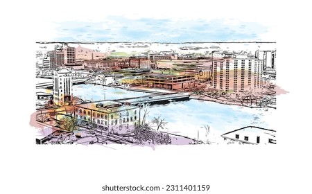 Building view with landmark of Rockford is a city in northern Illinois. Watercolor splash with hand drawn sketch illustration in vector.