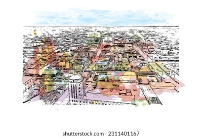 Building view with landmark of Rockford is a city in northern Illinois. Watercolor splash with hand drawn sketch illustration in vector.