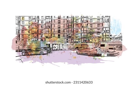 Building view with landmark of  Rockville is the city in Maryland. Watercolor splash with hand drawn sketch illustration in vector.