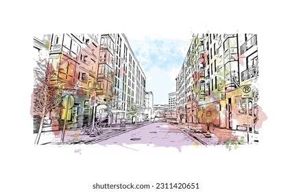 Building view with landmark of  Rockville is the city in Maryland. Watercolor splash with hand drawn sketch illustration in vector.