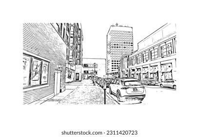 Building view with landmark of  Rockville is the city in Maryland. Hand drawn sketch illustration in vector.