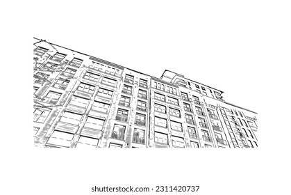 Building view with landmark of  Rockville is the city in Maryland. Hand drawn sketch illustration in vector.