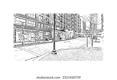 Building view with landmark of  Rockville is the city in Maryland. Hand drawn sketch illustration in vector.