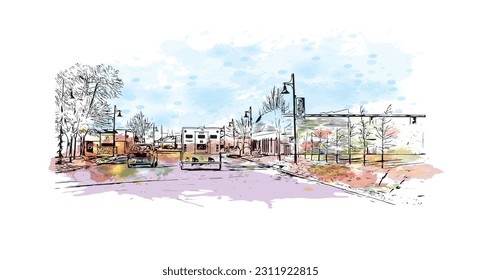 Building view with landmark of  Rogers is the city in Michigan. Watercolor splash with hand drawn sketch illustration in vector.
