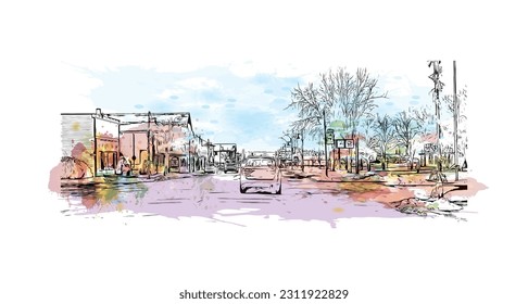 Building view with landmark of  Rogers is the city in Michigan. Watercolor splash with hand drawn sketch illustration in vector.