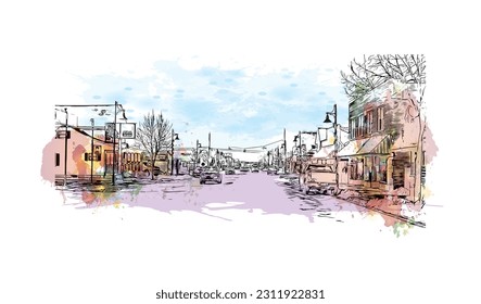 Building view with landmark of  Rogers is the city in Michigan. Watercolor splash with hand drawn sketch illustration in vector.