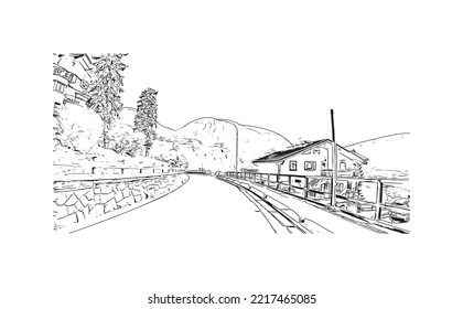 Building view with landmark of Rolle Pass is the 
mountain in Italy. Hand drawn sketch illustration in vector.