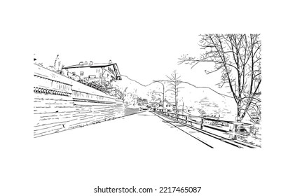 Building view with landmark of Rolle Pass is the 
mountain in Italy. Hand drawn sketch illustration in vector.