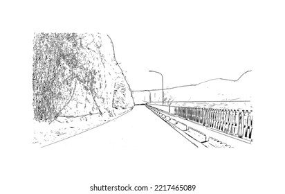 Building view with landmark of Rolle Pass is the 
mountain in Italy. Hand drawn sketch illustration in vector.