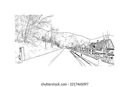 Building view with landmark of Rolle Pass is the 
mountain in Italy. Hand drawn sketch illustration in vector.